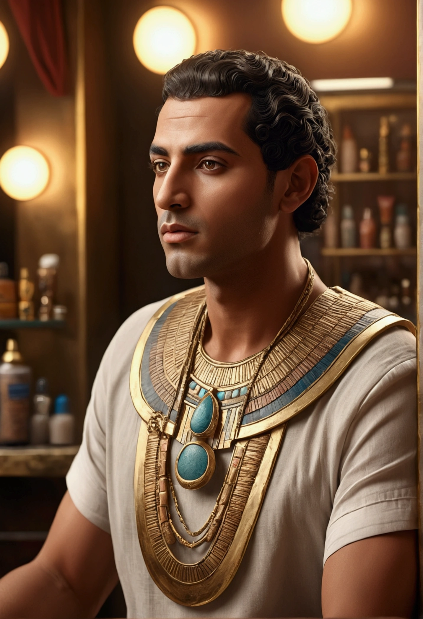 a man in an ancient egyptian barbershop, detailed illustration, realistic lighting, cinematic composition, soft colors, beautiful detailed eyes, beautiful detailed lips, extremely detailed face, intricate details, photorealistic, 8k, high quality, award winning art