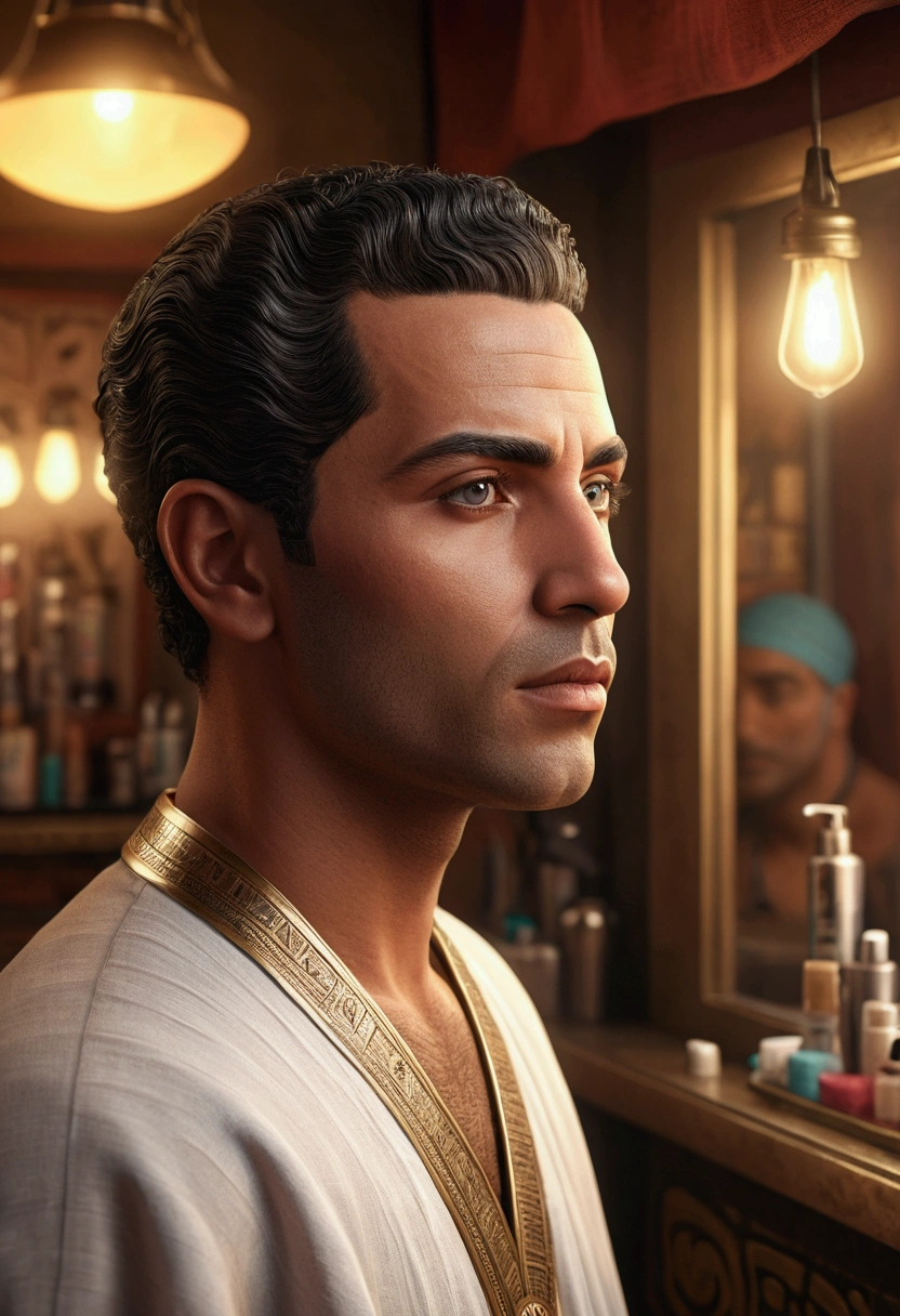 a man in an ancient egyptian barbershop, detailed illustration, realistic lighting, cinematic composition, soft colors, beautiful detailed eyes, beautiful detailed lips, extremely detailed face, intricate details, photorealistic, 8k, high quality, award winning art