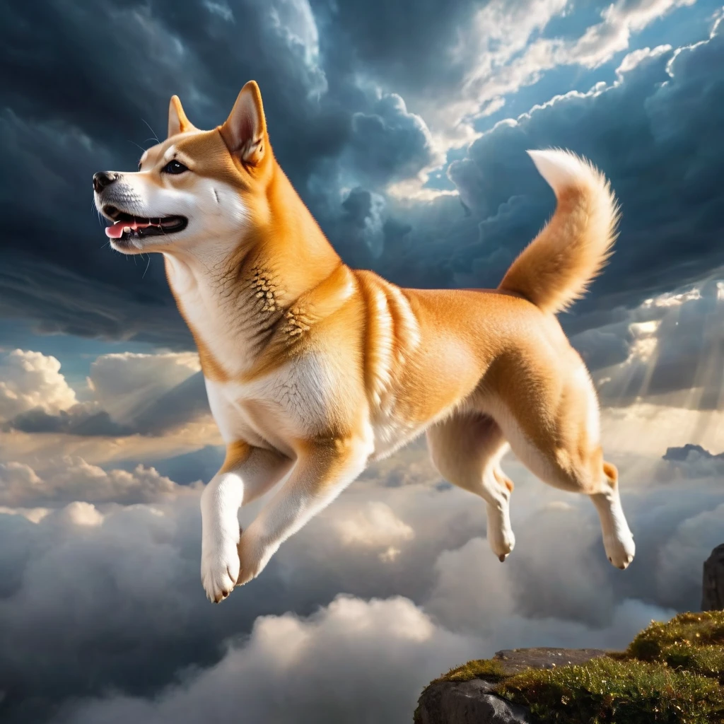 A Shiba Inu, side view ,flying in the cloud, (jumping pose:1.5), epic sky background ， theatricality and mystique  ，Otherworldly ，Awesome ，Clever use of light and shadow，Adds depth and drama to the scene., Involve the audience in a dark and elegant narrative. This masterpiece, Created by the famous painter Gustav Klimt, Delve deep into the realms of fantasy and mythology, Inviting viewers to explore the complexity of beauty, strength, Anatomically correct，ezh，Fantasy，plant，flower，fear