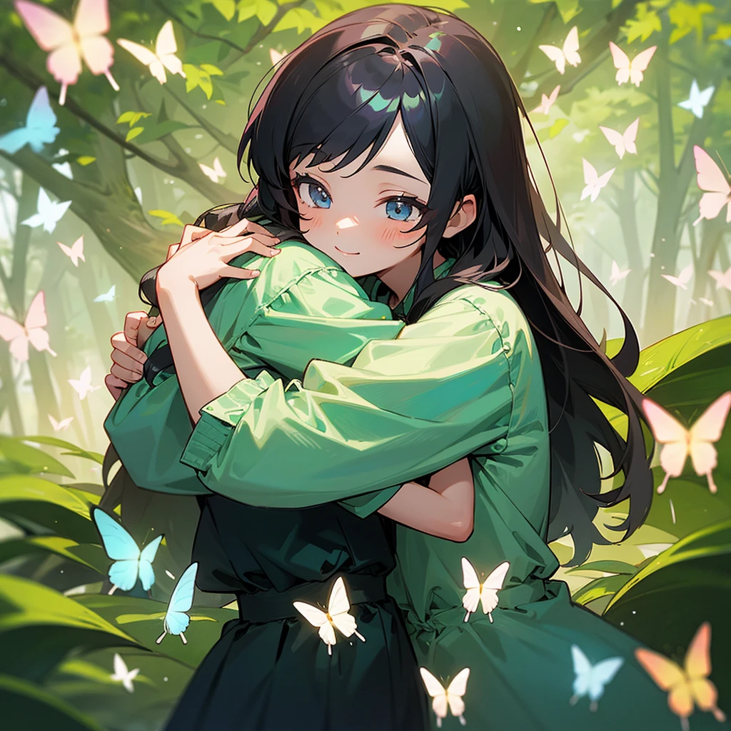 a cute girl hugging her 4 year old sithe forest with butterflies fluttering around them