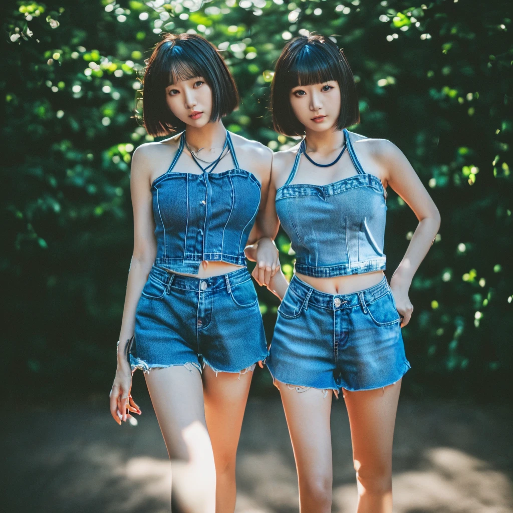 (Best Quality:1.1)..((Ultra-high resolution:1.1)).((Photorealistic photography:1.4)、(Raw photo),(8k)、(High definition RAW color photos professional photography)、(whole body)、(Portrait)、(Photos that look like they belong in a photo book)、(((Bob Cut、halter top、Denim shorts、Cinematic Light、Full Body Shot、Medium Hair、Sunlight、looking down)))
