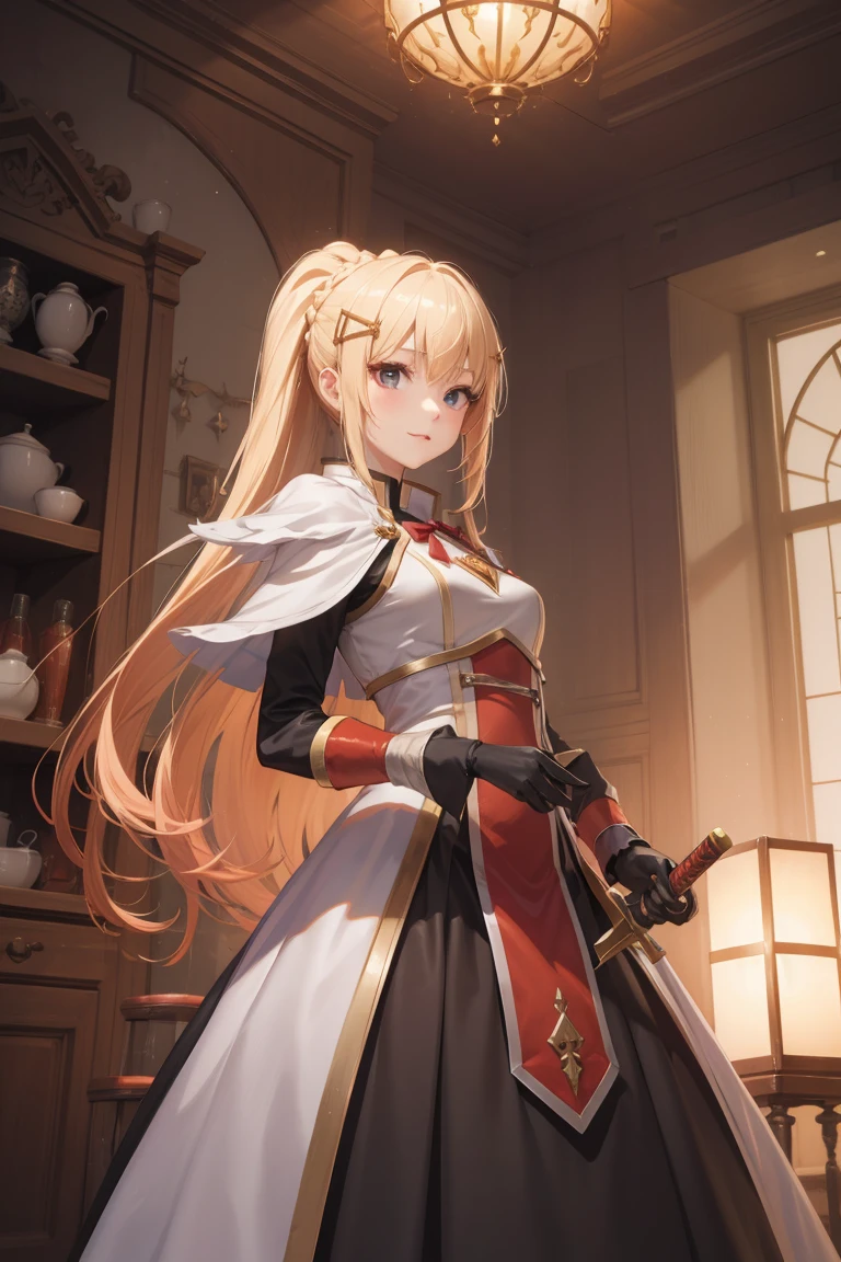 anime girl with long red hair and sword in a room, concept art by Kamagurka, pixiv, fantasy art, anime goddess, zerochan art, high detailed official artwork, ((a beautiful fantasy empress)), detailed digital anime art, pixiv 3dcg, digital art on pixiv, /!\ the sorceress, blonde hair, long hair with pony tail, hair ornament,