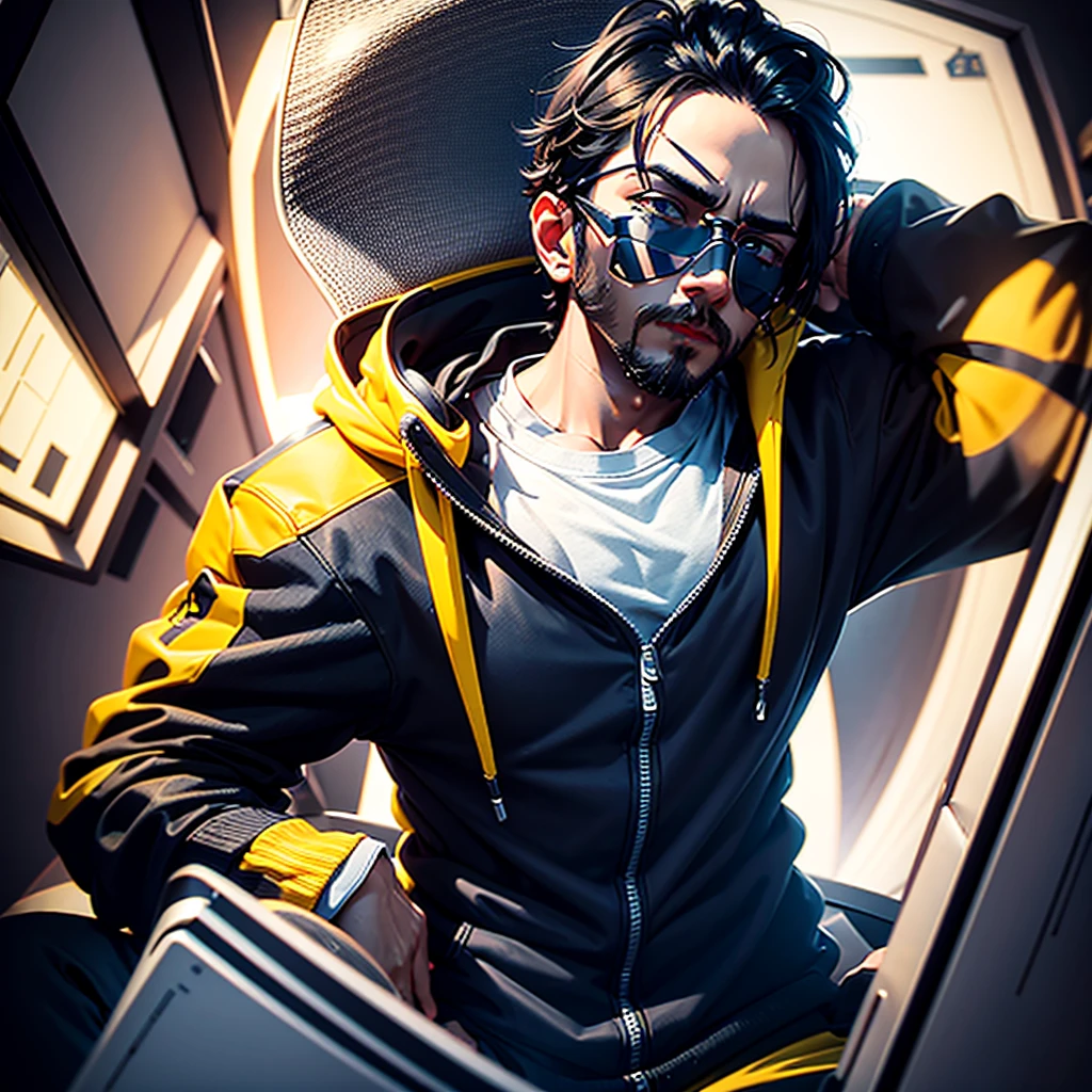 ANIME FRIENDLY LOOKING MALE BUSINESS CHARACTER WHO IS WEARING A BLACK FACE MASK, A YELLOW HOODIE AND SUNGLASSES. HE IS SITTING BEHIND HIS LAPTOP IN HIS OFFICE, ARMS ON HIS DESK. IT IS NIGHT. THE ROOM HAS VOLUMETRIC
LIGHTING. HE IS FRONT FACING TO THE CAMERA, LOOKING STRAICHT AND CENTERED, CENTRAL PORTRAIT, SITTING STRAIGHT, FRONT VIEW, CENTERED LOOKING STRAIGHT. THE OVERALL AMBIANCE OF THE IMAGE SHOULD CONVEY A CONNECTION TO MINIMALISM, FLAT ILLUSTRATION, BOLD LINE, MINIMALISM, SIMPLIFIED, GOUACHE ILLUSTRATION. 8K RESOLUTION