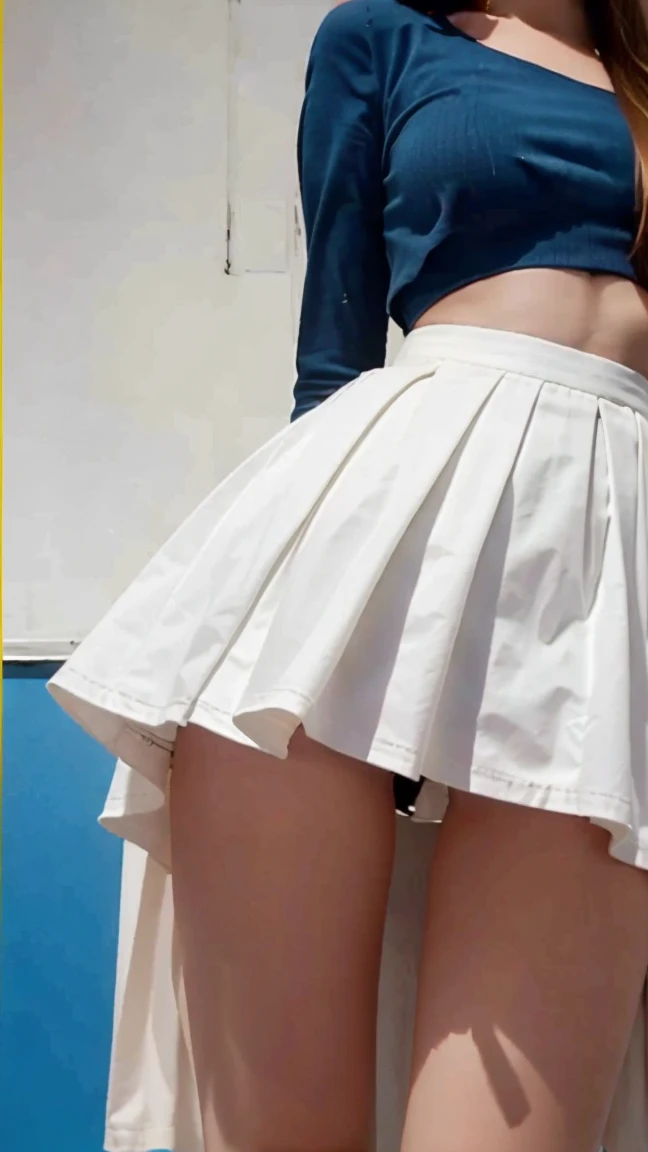 Selene , , , , looking at the camera , tip of her hair dyed in blonde, skirt, , from below, , showing her white panty under her skirt