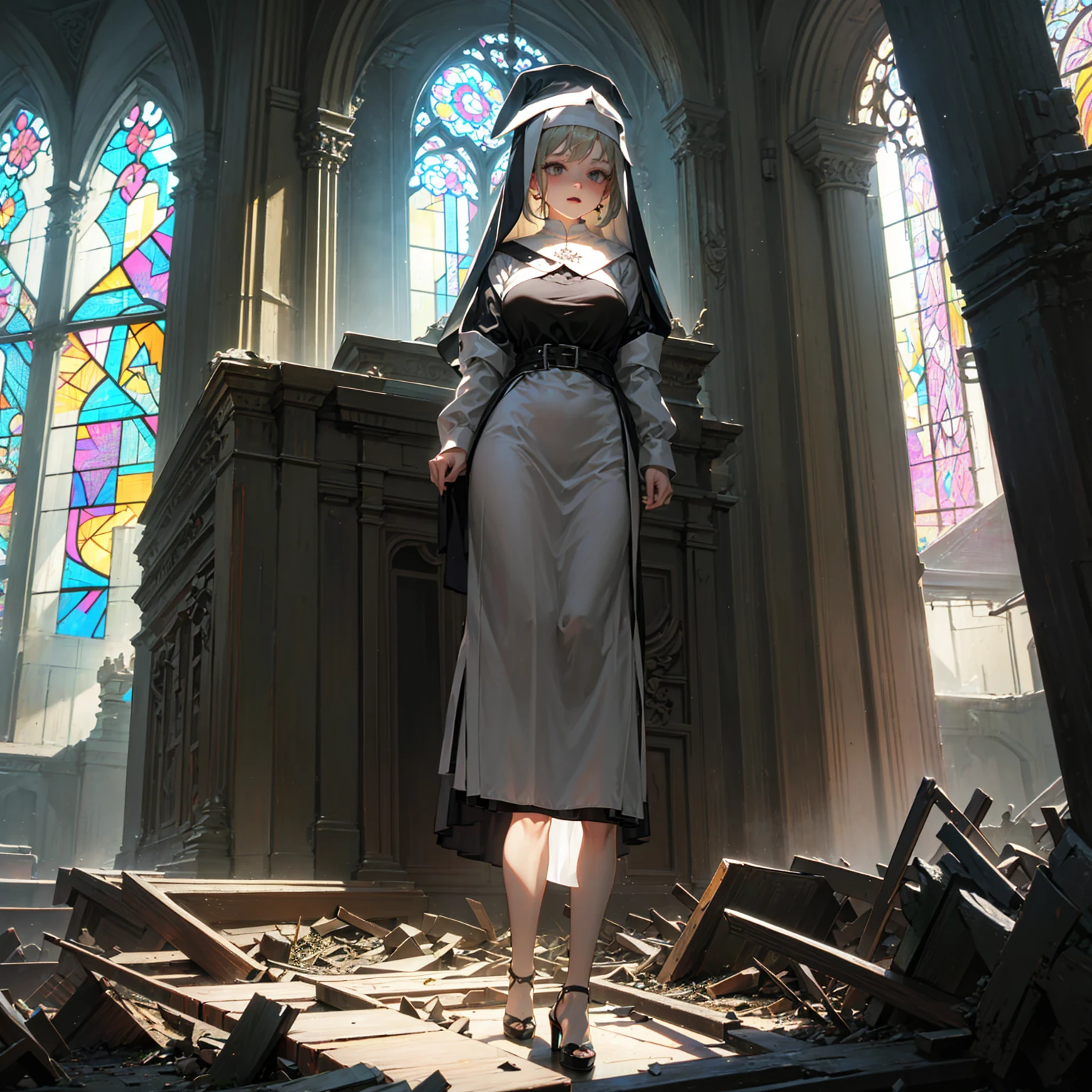 Horror, creepy, white nun with many arms, underground shelter, detailed background, detailed writing, 4k, UHD, absurd, ultra quality, masterpiece,