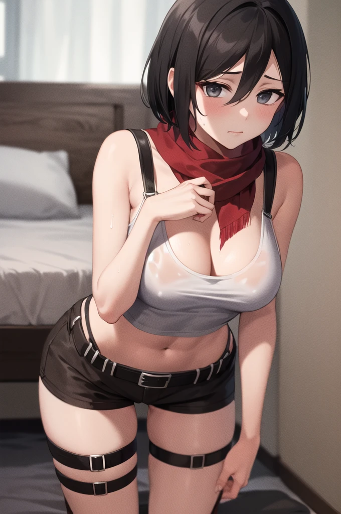 Masterpiece, best quality, high res, hmmikasa, short hair, black eyes, scarf, emblem, belt, thigh strap, red scarf, tight white shorts, cropped tank top, brown blazer, cleavage, cowboy shot, medium breasts, shy face, wet body, bent over kneeling on a bed looking at viewer, hanging breasts, bare thighs, side view