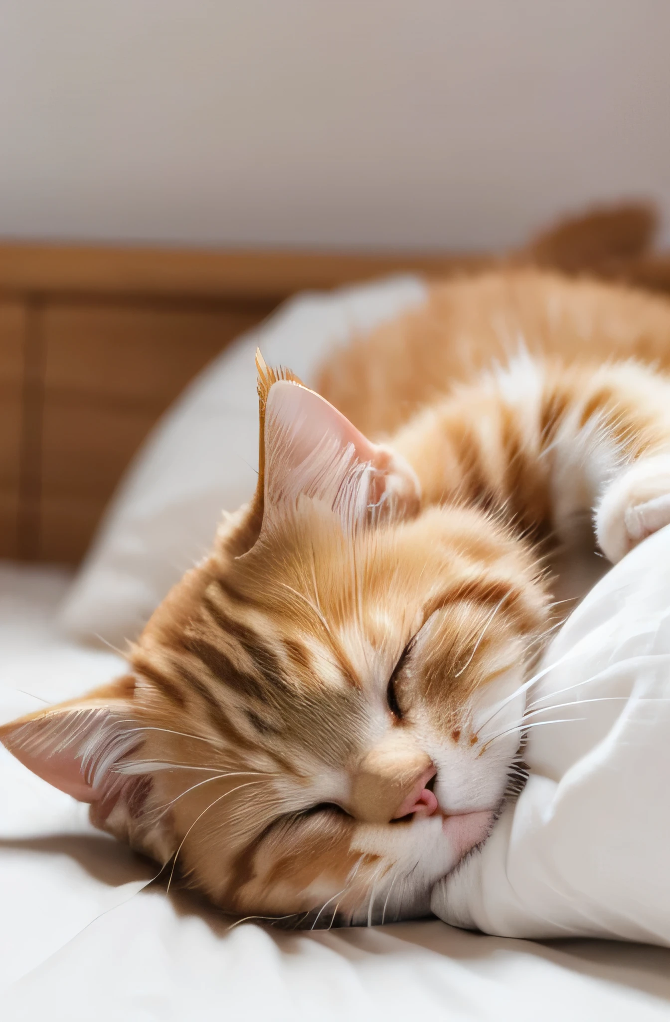 Highest quality,8k,Kitty,cute,cut,Healing,Lying on your back,Yellow light brown calico cat,Rolling,(Kitten sleeping in bed),close your eyes,Deep sleep,((Hurrah!)),(((whole body))),Pure white sheets,Close your eyes,Sleeping