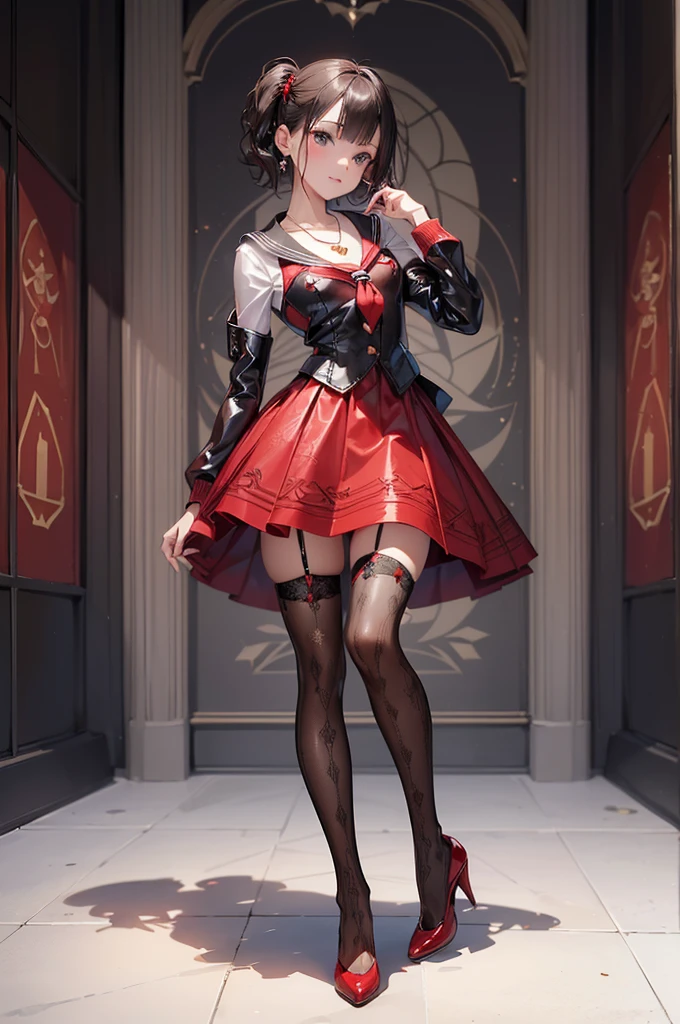 ((Biologically correct limb count)),(( From head to toe,Full-body photo including face)),4K,((Standing position)),masterpiece,((Focus on the face)),((Symmetrical facial features)),Eyes with detailed description,Beautiful woman,Great style,Beautiful arms,Beautiful legs,Beautiful Hands,(Small Ass,Thin thighs),Detailed depiction of the face,Small earrings,necklace,(Red and black latex sailor suit,mini skirt((High heels,Patterned stockings))),((Waiting for someone to meet up)),Silk gloves,Realistic photo,Short Hair,Stand at an angle