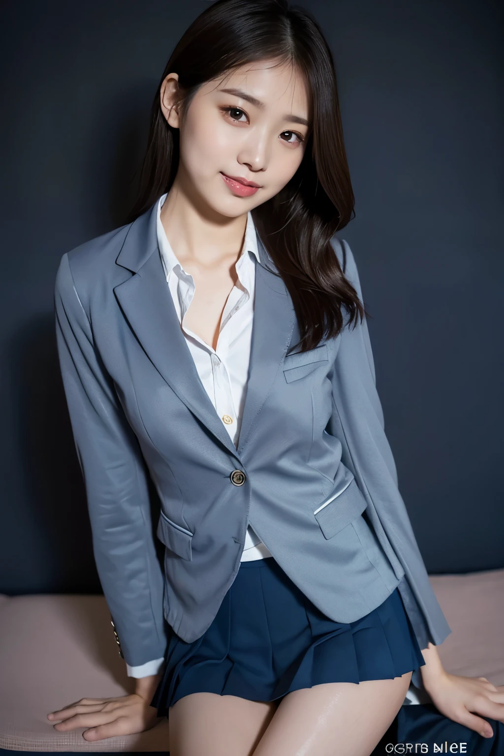 (8k), (highest quality: 1.2), (Realistic), (Realistic: 1.37), Ultra-high resolution, (1 girl), cute, blush,Embarrassed smile, Beautiful details, Beautiful Nose, silky straight Hair, giant dulcefo, pork, Thighs,Self Snap,University Uniforms,(A simple dark blue blazer:1.4),(Pleated gray skirt:1.2),(Sitting:1), Sit on the plane,(Hold my feet:1),(Shiny 太い legs:1.2),from the front,knees,clavicle