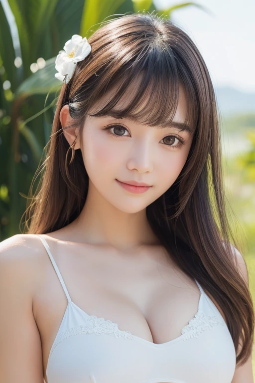 ((Highest quality, 8k)),Beautiful woman with perfect figure, Highly detailed face and skin texture, double eyelid, Small Bust,Symmetrical face、Sebaceous reflex、bangs,Delicate facial features、The face is very realistic、Bright Eyes、Extremely realistic skin、Background is sky、Movie style、Gentle expression、smile、White swimsuit、Natural look、Black Hair、Shortcuts、cute