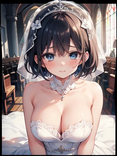 (The pieces fly, Highest quality, High resolution, Ticker, Pixel perfect, Depth of written border, In 4K),
1 girl, alone, (upon), Beautiful Anime Girls,
View your viewers,
Perfect body,
Subjective Handjob, pussyfocus, Upper Body,
Ticker, short hair, Long black hair, Blue eyes, (Big Breasts),
smile, Open your mouth, tears, blush,
church,
Wedding dress, Strapless,
throw, From above,