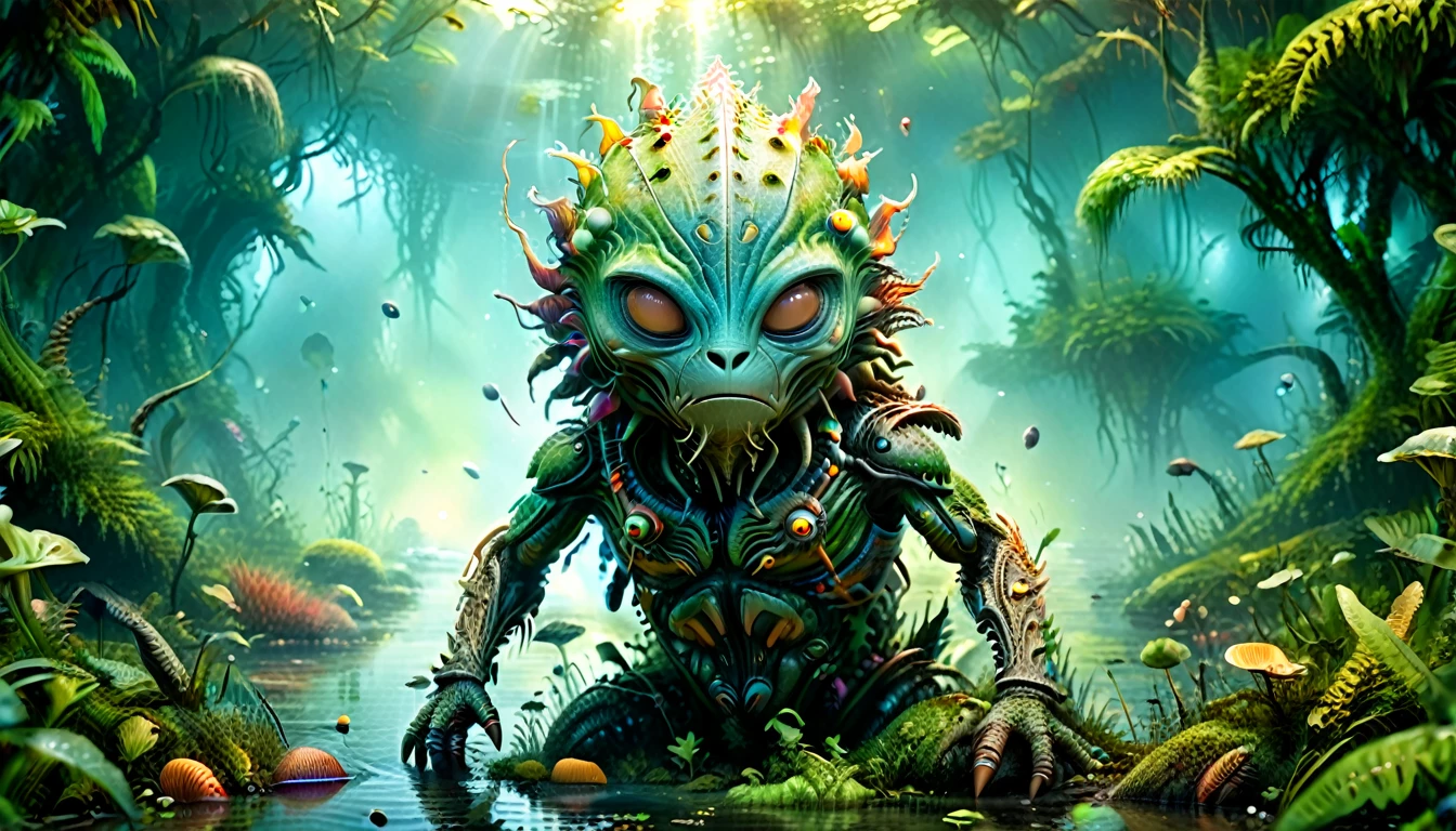 a cute colorful predator alien, based on characters from movie films, in a real swamp, (best quality,4k,8k,highres,masterpiece:1.2),ultra-detailed,(realistic,photorealistic,photo-realistic:1.37),HDR,UHD,studio lighting,ultra-fine painting,sharp focus,physically-based rendering,extreme detail description,professional,vivid colors,bokeh,fantasy,concept art,surreal,lush vegetation,atmospheric lighting,detailed textures,dynamic composition