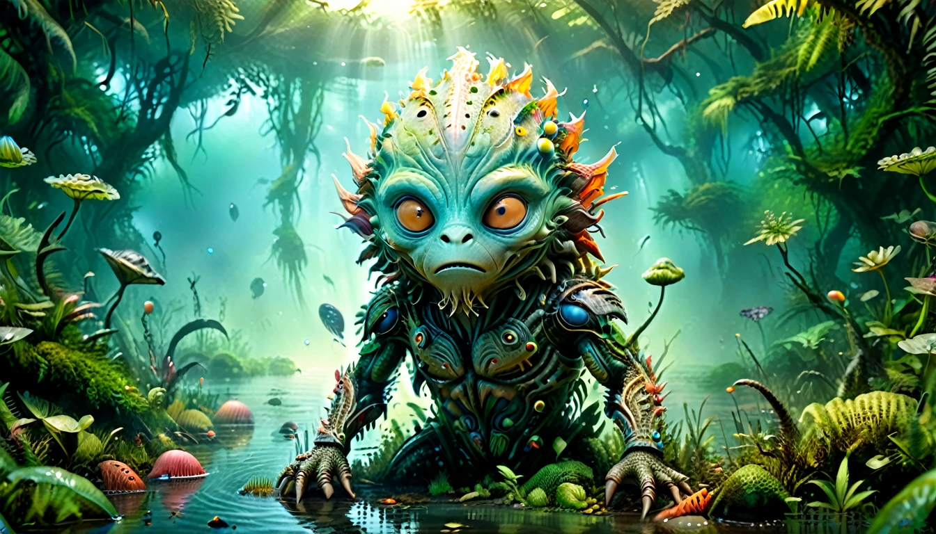 a cute colorful predator alien, based on characters from movie films, in a real swamp, (best quality,4k,8k,highres,masterpiece:1.2),ultra-detailed,(realistic,photorealistic,photo-realistic:1.37),HDR,UHD,studio lighting,ultra-fine painting,sharp focus,physically-based rendering,extreme detail description,professional,vivid colors,bokeh,fantasy,concept art,surreal,lush vegetation,atmospheric lighting,detailed textures,dynamic composition