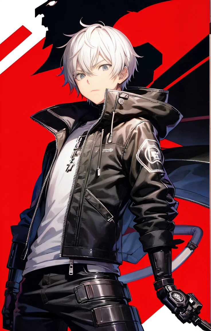 Cartoon image of a boy wearing a jacket, shigenori soejima illustration, Tsutomu Nihei Art, Tsutomu Nihei style, Cartoon image of a boy with a mechanized right arm、Anime Cover, Akira art style, Shocked boy&#39;s expression、Key Anime Art, detailed Key Anime Art, makoto kano, okata kazuto, Akira art style, Full Color Manga Visual Style