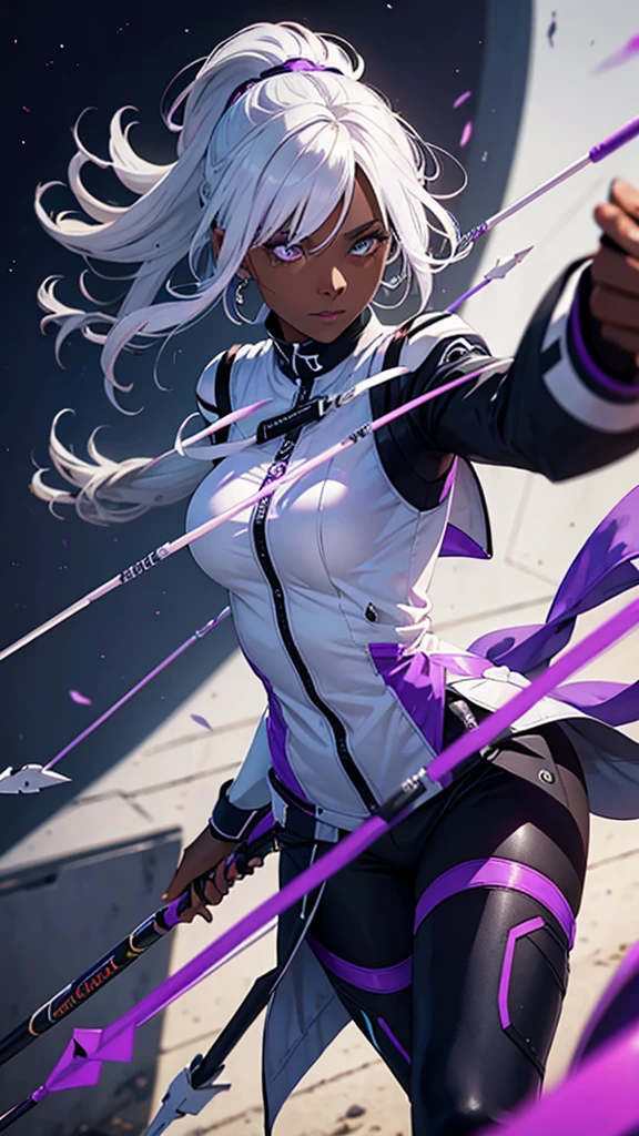 Woman with dark skin and white hair, black and purple outfit shooting arrows

