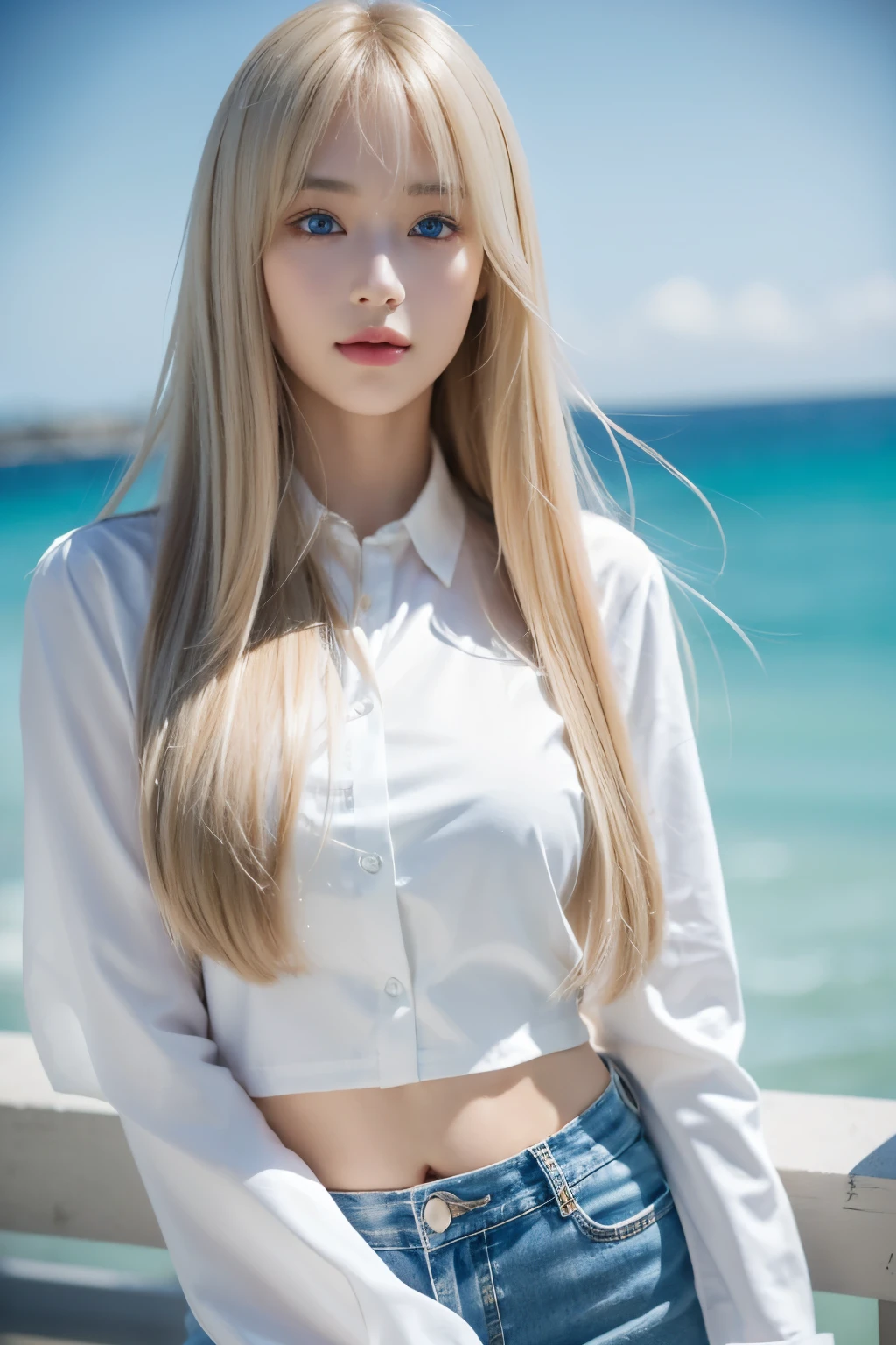 Highest quality、8K masterpiece、Ultra-high resolution、(Realistic:1.3)、RAW Photos、Beautiful Scandinavian girl with glowing blonde hair、Beautiful shining platinum blonde hair、Super long straight hair、Bangs between the eyes、Very beautiful bright light blue eyes、Very big eyes、Eyes shining at the camera、Neon Details、Small Face Beauty、Round face、Cheek gloss highlighter、Sexy big ,13 year old beautiful girl is sexy and cute & Cute beautiful sexy face, A strong wind blows my hair in front of my face,Beautiful super long metallic blonde straight hair、Beautiful, cute and sexy eyes hidden behind long bangs、Belly button shirt、Very short yellow and black checkered miniskirt、Turn around and look at me with a smile、