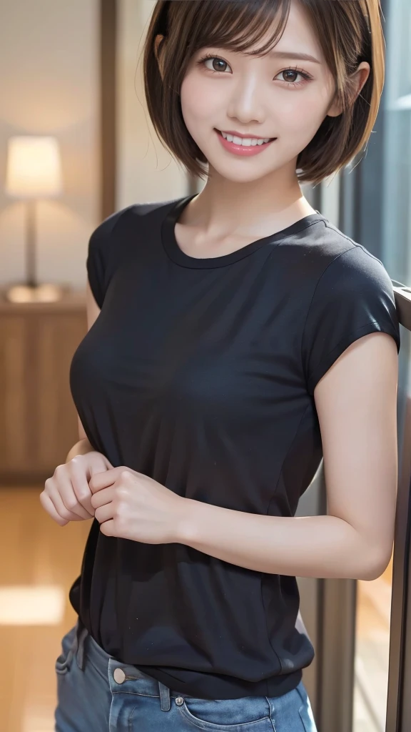 One girl, Casual T-shirts, short hair, 20-year-old Japanese, beautiful, cute face, pretty face, neat, smiling, 8-head body, height 165cm, weight 48kg, bust 83cm, waist 60cm, hips 82cm, selfie