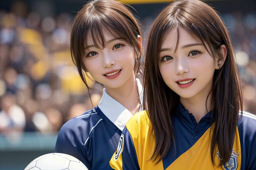 (8K, RAW Photos, Highest quality, masterpiece: 1.2), masterpiece, Super Detail, Ultra-high resolution energy A, (Realistic and photorealistic photography: 1.37), High-resolution RAW color photos, Very delicate and beautiful., About Igree, 8K Wallpaper, Amazing, detailed, 非常にdetailedな目, 非常にdetailedな皮膚, 非常にdetailedな指, 非常にdetailedな鼻, 非常にdetailedな口, Perfect Anatomy,One girl, (Soccer uniforms), Blurred, Blurred Background, Blurred foreground, blush, Braiding, Pectoral muscle, Depth of written boundary, Eyebrows visible through hair, Frilled, Hair between the eyes, Football Stadium、 soccer ball、Navel-baring look、The cleavage appears larger、goal、short hair, alone, huge 、Nogizaka Idol、Japanese Idol、Gravure idol pose、 star、18-year-old、expensive、Korean Idol、Nogizaka Idol、 star、Gravure idol pose、((Esbian all over)),