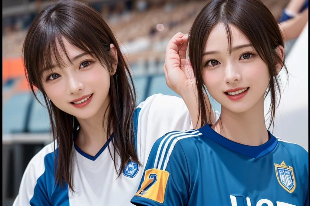 (Highest quality、8k、32K、masterpiece)、(Realistic)、(Realistic:1.2)、(High resolution)、Very detailed、Very beautiful face and eyes、(((The subject is a single woman.)))、Frame-in round and small face、Tight waist、Delicate body、(close、Highest quality、Attention to detail、Rich skin detail)、(Highest quality、8k、Oil paints:1.2)、(Realistic、Realistic:1.37)、Bright colors、(((Cowboy Shot)))、(((short hair)))、(((Laughter)))、(((Brown Hair)))、(((Soccer uniforms)))、(((ピンクのSoccer uniforms)))、(((Football Stadium)))、(((Enthusiastic audience)))、(((Uniform without lines)))、Short sleeve uniform、There are no lines on the sleeves、Yay