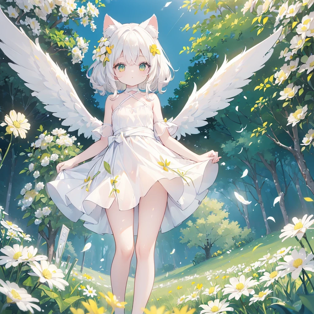 ((One girl)), (Standing diagonally facing forward: 1.2), (Toddler), (Young and delicate body), (Thin legs: 1.3), (Slightly bulging chest), (Healthy peach-colored skin: 1.2), (Wide face: 1.3)
BREAK
White cat ears, inside the ears the color of paw pads,
BREAK
(Pure white hair: 1.6), (Soft, inward-curling pure white hair: 1.6), (Medium-length hair: 1.6), (The hair under the cat ears behind the side hair flows forward and curls strongly on the collarbone: 1.6), (The hair in the back is strongly curled and only reaches above the shoulders: 1.6), (Hair is left down, not tied up: 1.3), (Hair is at the shoulders: 1.5), (Medium-length hair: 1.6),
BREAK
(  Pure white wings on the upper body: 1.2), (Straight wings: 1.3), (Small wings: 1.6),
BREAK
(Simple dress made entirely of white: 1.3), (Dress with slightly exposed shoulders: 1.1), (Upper half of the torso of the dress fits tightly to the body up to the waist: 1.3), (Lots of fabric from the waist down, gathers and separates from the body: 1.4), (Dress is long enough to cover the thighs: 1.6), (Dress skirt hangs down to the knees: 1.6), No decoration on the dress, no petticoat or white,
BREAK
(Yellow-green grassland: 1.6), (Lots of white flowers: 1.6), (Clear blue sky: 1.4)