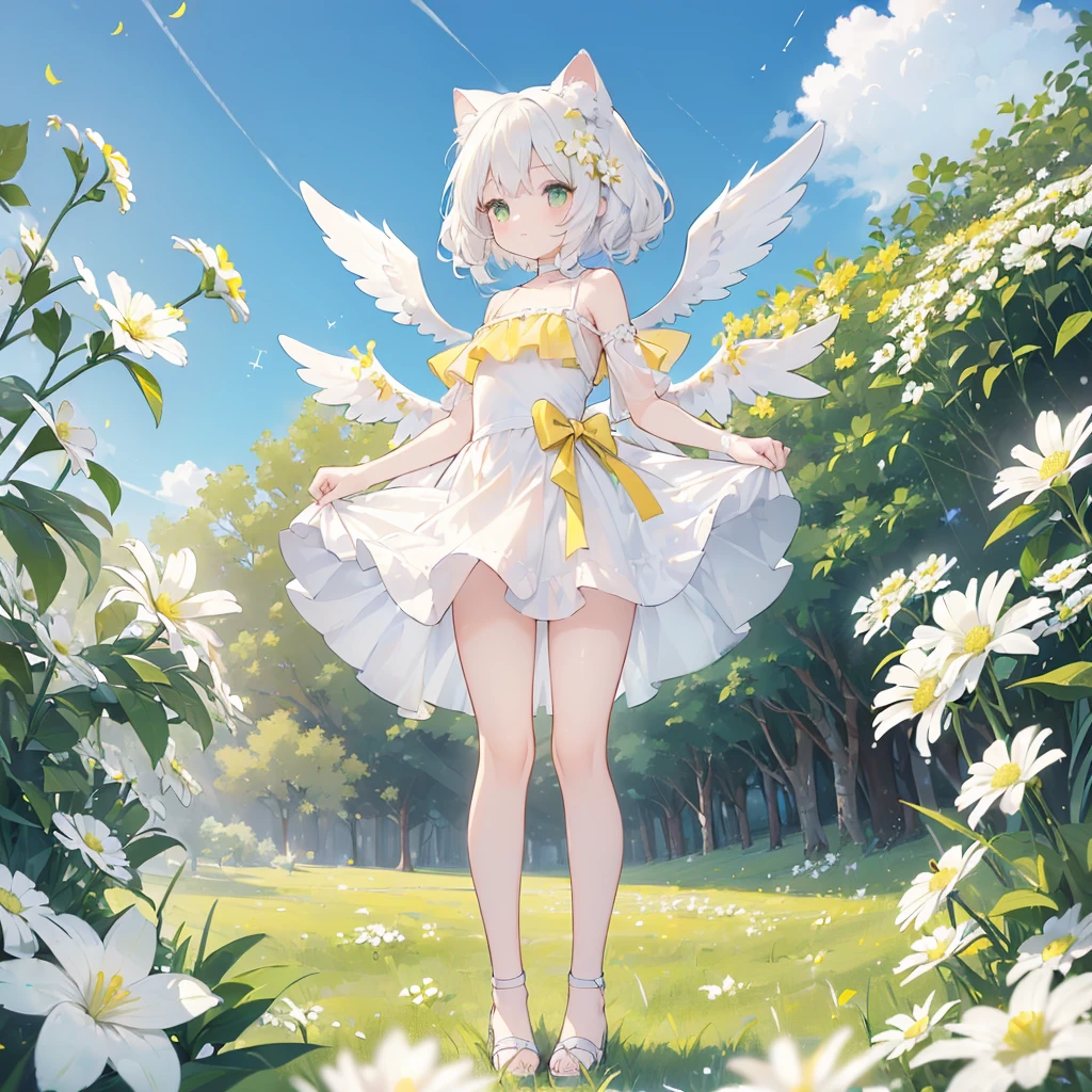 ((One girl)), (Standing diagonally facing forward: 1.2), (Toddler), (Young and delicate body), (Thin legs: 1.3), (Slightly bulging chest), (Healthy peach-colored skin: 1.2), (Wide face: 1.3)
BREAK
White cat ears, inside the ears the color of paw pads,
BREAK
(Pure white hair: 1.6), (Soft, inward-curling pure white hair: 1.6), (Medium-length hair: 1.6), (The hair under the cat ears behind the side hair flows forward and curls strongly on the collarbone: 1.6), (The hair in the back is strongly curled and only reaches above the shoulders: 1.6), (Hair is left down, not tied up: 1.3), (Hair is at the shoulders: 1.5), (Medium-length hair: 1.6),
BREAK
(  Pure white wings on the upper body: 1.2), (Straight wings: 1.3), (Small wings: 1.6),
BREAK
(Simple dress made entirely of white: 1.3), (Dress with slightly exposed shoulders: 1.1), (Upper half of the torso of the dress fits tightly to the body up to the waist: 1.3), (Lots of fabric from the waist down, gathers and separates from the body: 1.4), (Dress is long enough to cover the thighs: 1.6), (Dress skirt hangs down to the knees: 1.6), No decoration on the dress, no petticoat or white,
BREAK
(Yellow-green grassland: 1.6), (Lots of white flowers: 1.6), (Clear blue sky: 1.4)