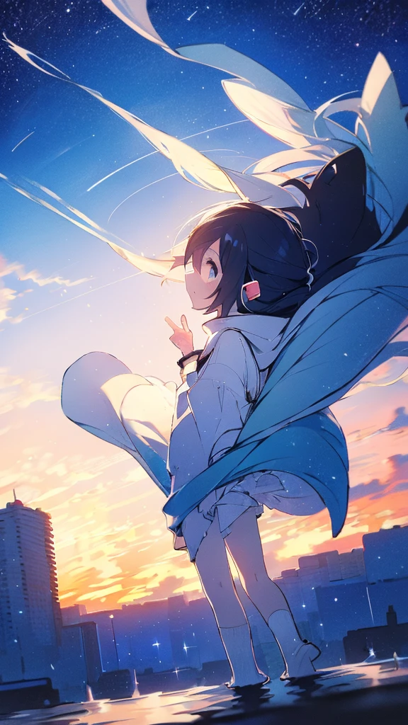 Seven-doppelganger shot，Anime style 4K,High quality anime art style，Standing painting，Splash ink background，Blue Themes、Pure white background,Buildings,Face close-up,Buildings,Moon and sun、Shining Star々,milky way,Facing forward,Clear eyes and nose,cute,beautiful,Thin legs,standing by the water, black hair, Blue eyes, girl, bob, front, cute,Long Hair,Whale flying in the blue sky,Buildings,whale,Black Hair,future,sunset,Sunset,Background center,profile