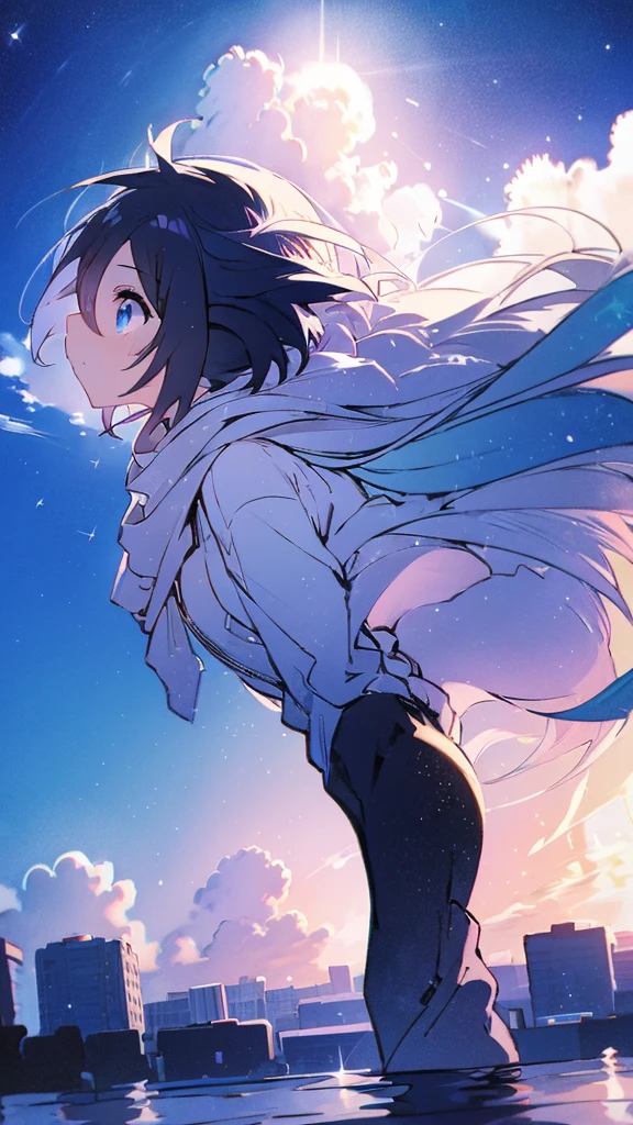 Seven-doppelganger shot,Anime style 4K,High quality anime art style,Standing painting,Splash ink background,Blue Themes、Pure white background,Buildings,Face close-up,Buildings,Moon and sun、Shining Star々,milky way,Facing forward,Clear eyes and nose,cute,beautiful,Thin legs,standing by the water, black hair, Blue eyes, girl, bob, front, cute,Long Hair,Whale flying in the blue sky,Buildings,whale,Black Hair,future,sunset,Sunset,Background center,profile
