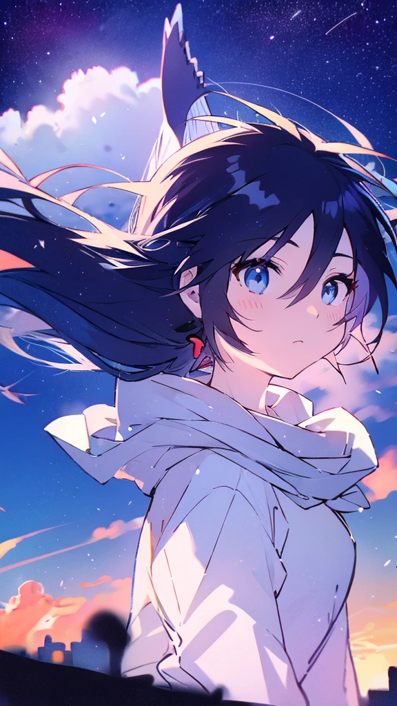 Seven-doppelganger shot,Anime style 4K,High quality anime art style,Standing painting,Splash ink background,Blue Themes、Pure white background,Buildings,Face close-up,Buildings,Moon and sun、Shining Star々,milky way,Facing forward,Clear eyes and nose,cute,beautiful,Thin legs,standing by the water, black hair, Blue eyes, girl, bob, front, cute,Long Hair,Whale flying in the blue sky,Buildings,whale,Black Hair,future,sunset,Sunset,Background center,profile
