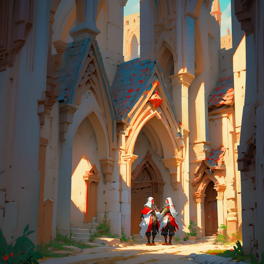 medieval fantasy capital's town  entrance at outskirts, red, white and black enigmática, secured with  Royal guards, anime Style ilustración, Creative and original , high quality, realistic , 