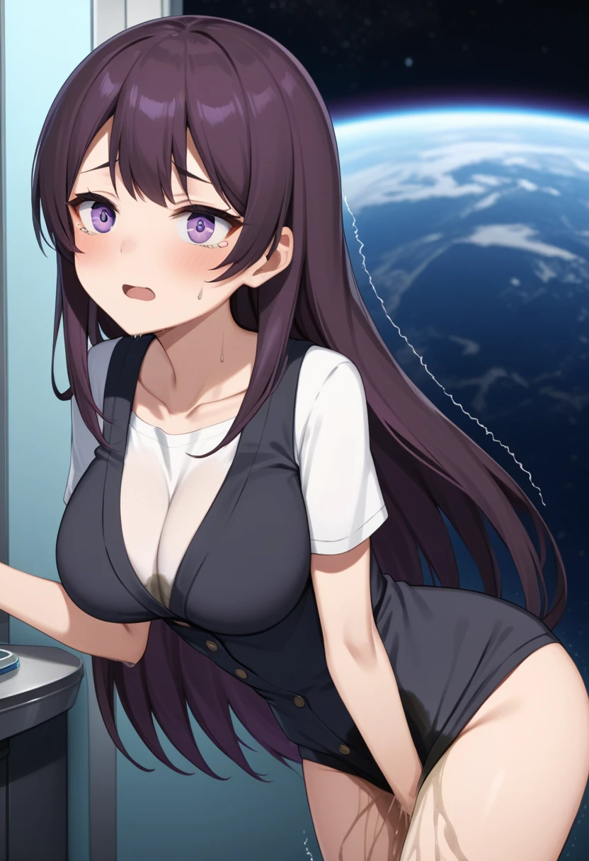 (high quality,Very detailed:1.37, High resolution), Woman, (mature:2.0), (Sakaki Yumiko:1.5), (very long hair:1.5), (straight hair:1.5) (dark purple hair:2.5), purple eyes, huge breasts, tuxedo, necktie, (pants:1.5), (wetting herself:2.0), standing, embarrassed, humiliation, (sanpaku eyes:1.5), (constricted pupils:1.5), (tiny pupils:1.5), (sweating:1.5), shaking, (trembling:1.5), (blushing:1.5), Meticulous details, (extremely detailed eyes:1.37), space station, interior, science fiction, futuristic