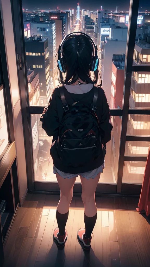 Ultra Wide Angle, (From behind), Girl listening to music in bed with headphones, Anime Girls, Girl listening to music in a cozy room (night), Use headphones, On the roof, (beautiful night views from windows), Lots of things, 2D Anime Style, The aesthetics of anime in the 90s, Lo-Fi, Very detailed, hard disk, A mix of anime style and Fujifilm, Surreal, 8k, masterpiece