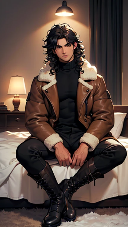 (detailed), (((normal guy))), (arab features), ((brown sheepskin jacket)), ((black curly hair loose hair)), (calm face), ((by the wide)), ((tall black boots)), (((Whole body))), ((sitting on the bed in a poorly lit room)), ((male)), (black turtleneck sweater), ((only one person)), (at night)
