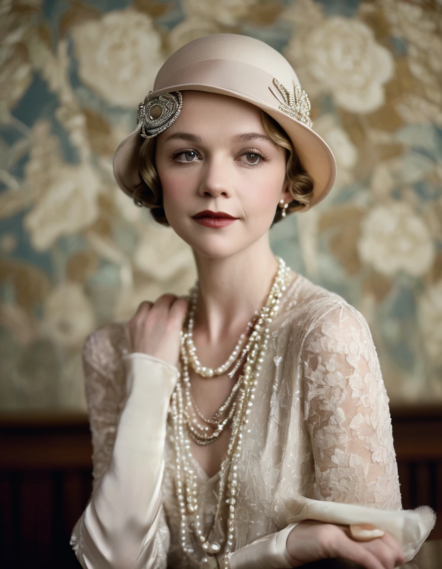 Woman wearing fashionable clothes sitting at table，Coffee on hand, The atmosphere of the 1920s, 1 9 2 0 s style, 1920s style, Roaring 20s, 1 9 2 0 s fabric style, Dressed in 1920s fashion, roaring twenties, Dystopian retro 1920s vibe, Art Deco era，（blond：1.34），Carey Mulligan（Carey Mulligan），wearing a fur coat，Pearl jewelry，Advanced custom lace clothing，perfect fingers，（bright, White skin：1.37）， super clear， &Quote;Great Gatsby&Quote; stills，Luxurious Pearl and Diamond Ring，bracelet，crown，Dressed in 1920s fashion, long brown open hair, 1 9 2 0 s style, 1 9 2 0 clothes, 1 9 2 0 s fabric style,Art Deco，
