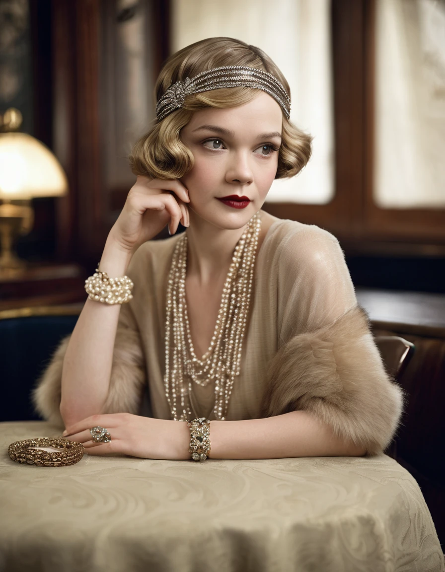 Woman wearing fashionable clothes sitting at table,Coffee on hand, The atmosphere of the 1920s, 1 9 2 0 s style, 1920s style, Roaring 20s, 1 9 2 0 s fabric style, Dressed in 1920s fashion, roaring twenties, Dystopian retro 1920s vibe, Art Deco era,(blond:1.34),Carey Mulligan(Carey Mulligan),wearing a fur coat,Pearl jewelry,Advanced custom lace clothing,perfect fingers,(bright, White skin:1.37), super clear, &Quote;Great Gatsby&Quote; stills,Luxurious Pearl and Diamond Ring,bracelet,crown,Dressed in 1920s fashion, long brown open hair, 1 9 2 0 s style, 1 9 2 0 clothes, 1 9 2 0 s fabric style,Art Deco,