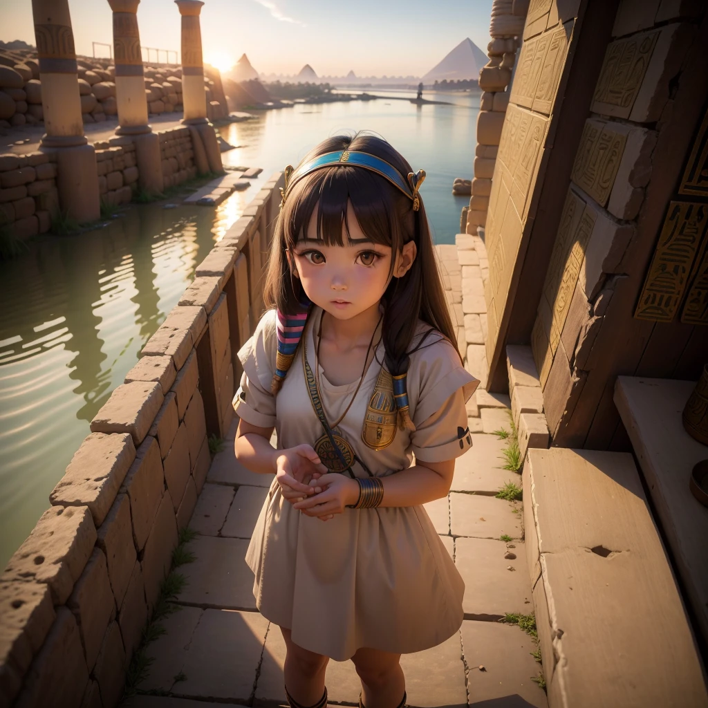 かわいいAncient Egyptの*******、Ancient Egypt、View of the Nile、A colorful view of the whole、whole body、Low - Angle、Standing posture、Reeds are growing、Ancient Egyptの船、Ancient Egyptの風景、Sunset、