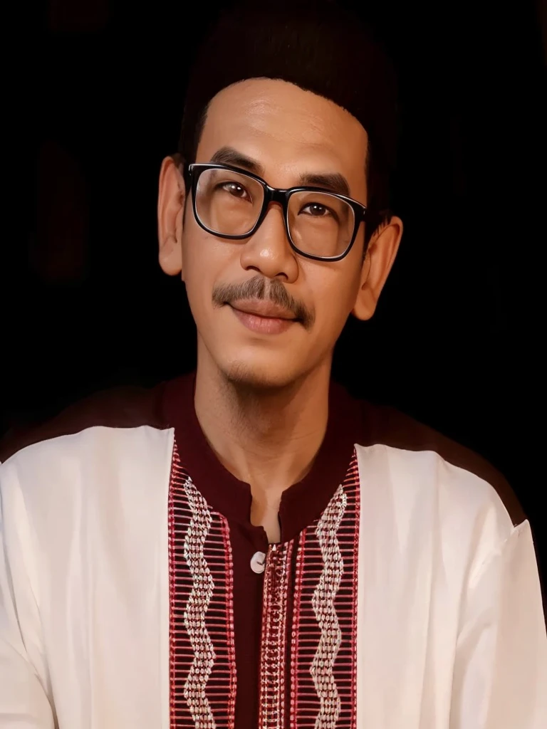 Realistic 4D caricature with a big head of an Indonesian man aged 30yo wearing a sweater, jeans, sneakers, sitting with his hand on his chin, black and silver gradient background,Pixar style,3D rendering,uhd,16K ((best quality)), ((masterpiece)), (detailed),