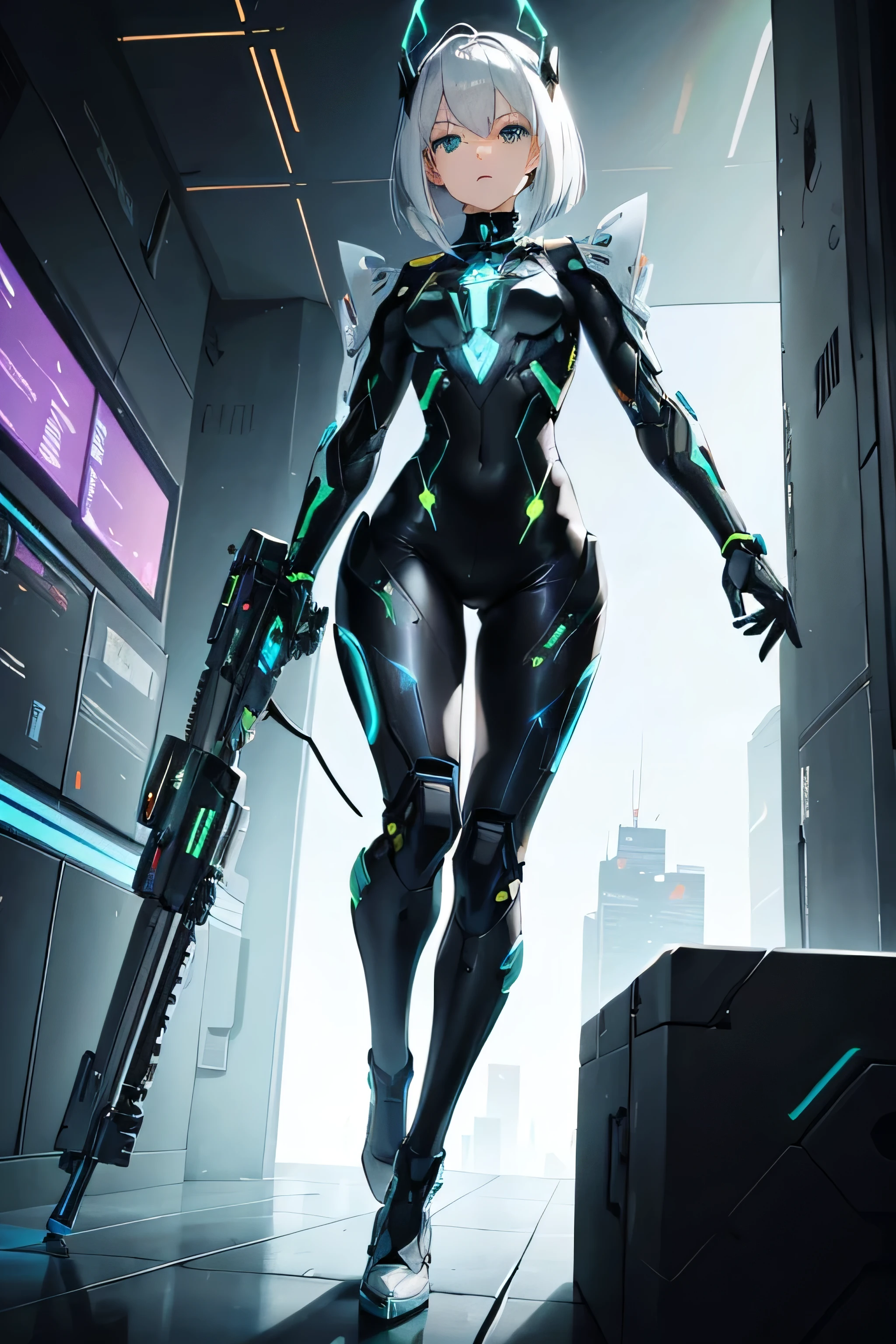 Fix the eyes 

Aria, the Stellar Sniper

Weapon of Choice: Plasma Sniper Rifle

Hair Color: Platinum blonde, styled in a futuristic bob

Skin Color: Fair with faint luminous patterns

Body Type: Athletic and agile

Eye Color: Brilliant green with digital overlays

Accessories: Tactical visor with augmented reality display, glowing energy implants

Clothes: Advanced combat suit with adaptive camouflage technology

Clothes Color: Stealth black and metallic accents

Height: 5'7"

Age: 25

Planet: Nova Prime

Race: Human (enhanced with cybernetic implants)