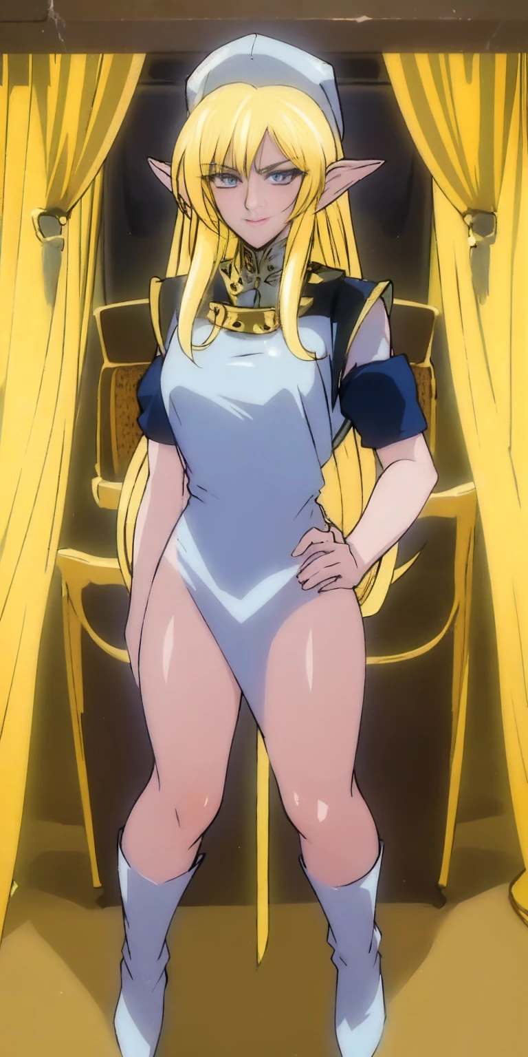 (4k, ultra high resolution, Prominence in Masterpiece, High Quality, Best Quality: 1.2) full body, 1 female, solo, 2girls, 2women, lustful smirking smile blush, looking at viewer, sitting, blonde hair, long hair, (black jacket), beautiful and detailed face, detailed eyes, looking at the viewer (grey theme) close jacket (aesthetic clothing) hands on hips, wide hips, blonde long hair, blonde drill hair, blonde twin drills hair, blue wizard hat, Handcuffs on their hands, With a collar around the neck, Princess Nina and Pirotess both together