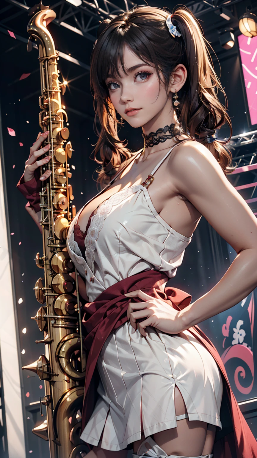 18-year-old female、Japanese Idols、Short pigtails((short twintails))、Sexy proportions、Narrow waist、Flashy stage costumes、Lace-embellished choker、Live Stage、Tenor saxophone