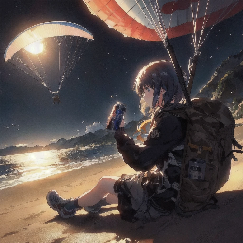 Anime girl paragliding down to the beach with a can of beer,moon,4KAnime Wallpaper, Anime Wallpaper 4k, Anime Wallpaper4k, ( ( Makoto Shinkai ) ), hd Anime Wallpaper, Anime Wallpaper, Makoto Shinkai!, Makoto Shinkai!!, 80s anime style,Official artwork, makoto shinkai cyril rolando, 4K Manga Wallpapers, Anime Background