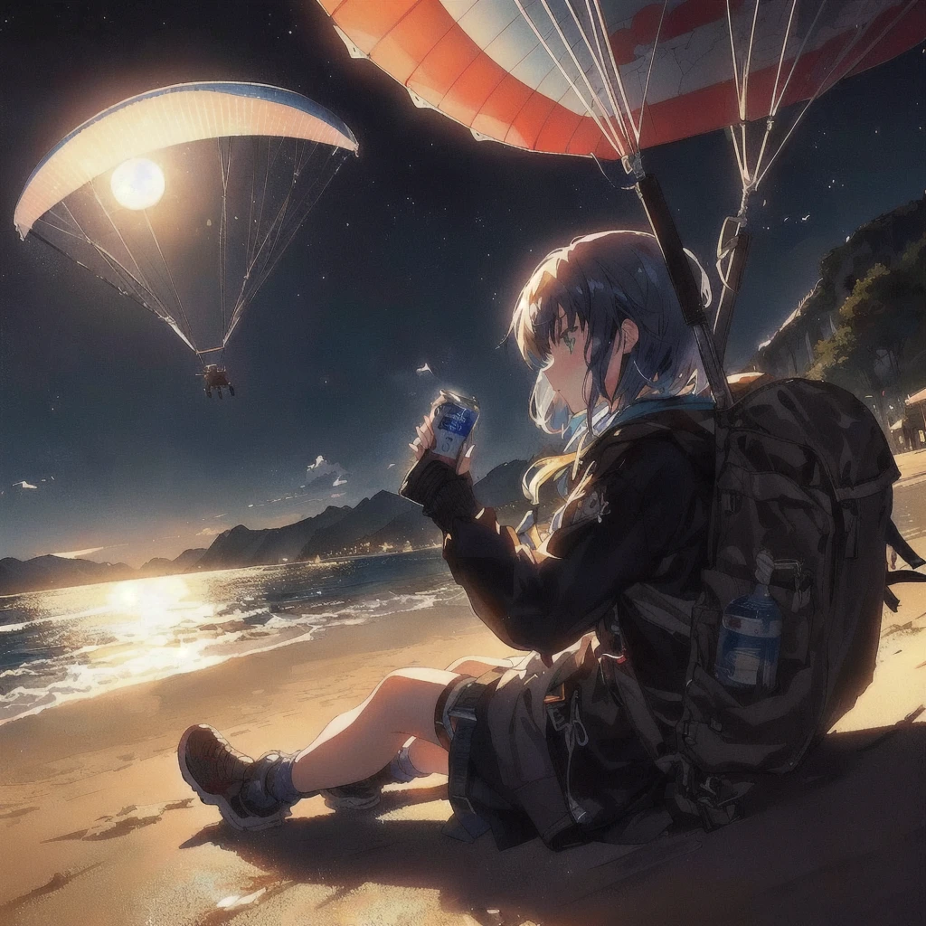 Anime girl paragliding down to the beach with a can of beer,moon,4KAnime Wallpaper, Anime Wallpaper 4k, Anime Wallpaper4k, ( ( Makoto Shinkai ) ), hd Anime Wallpaper, Anime Wallpaper, Makoto Shinkai!, Makoto Shinkai!!, 80s anime style,Official artwork, makoto shinkai cyril rolando, 4K Manga Wallpapers, Anime Background