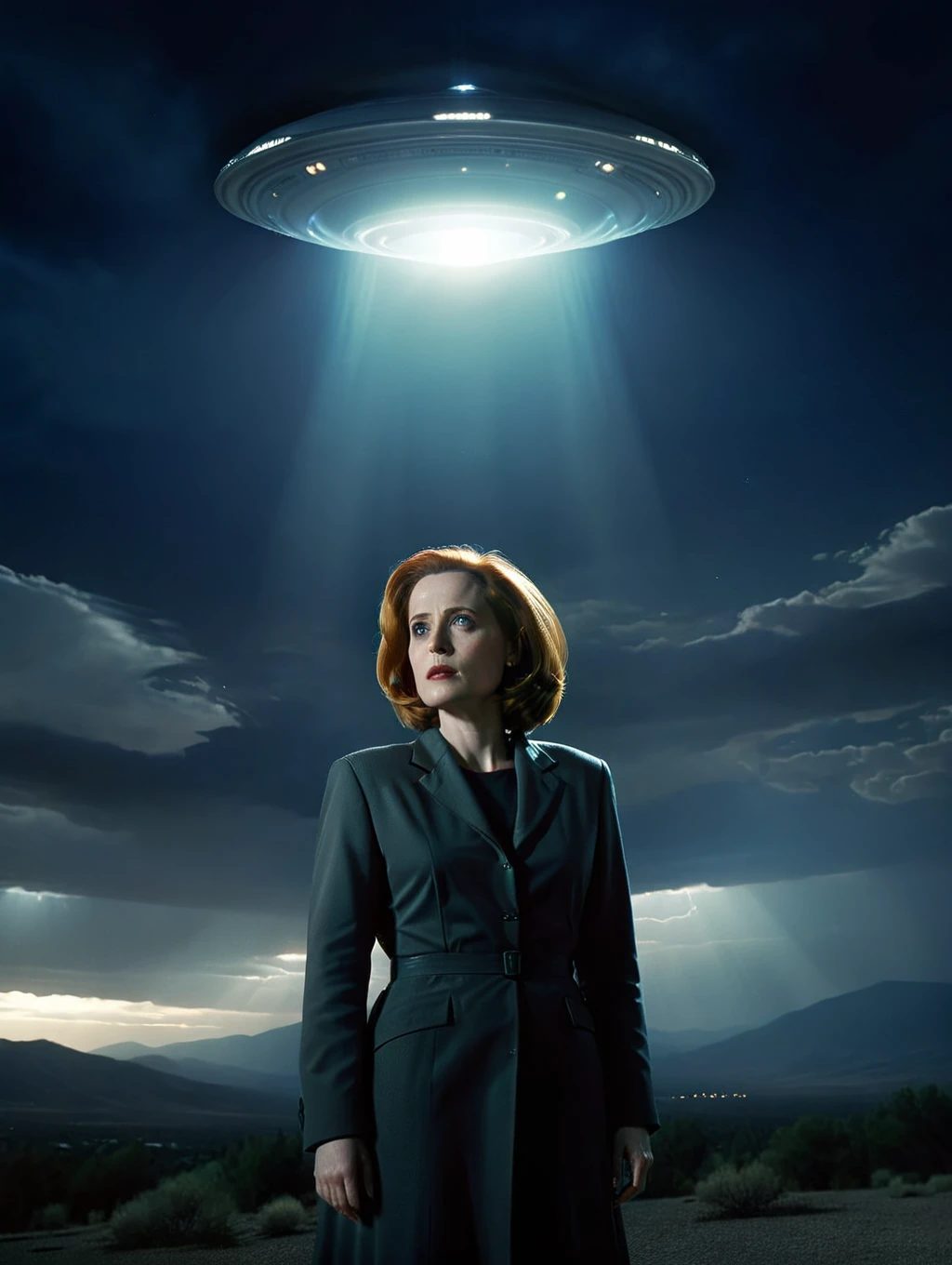 Dana Scully, standing in a strong and blinding light from a flying saucer from a distance, night, dark sky, dramatic light, 
