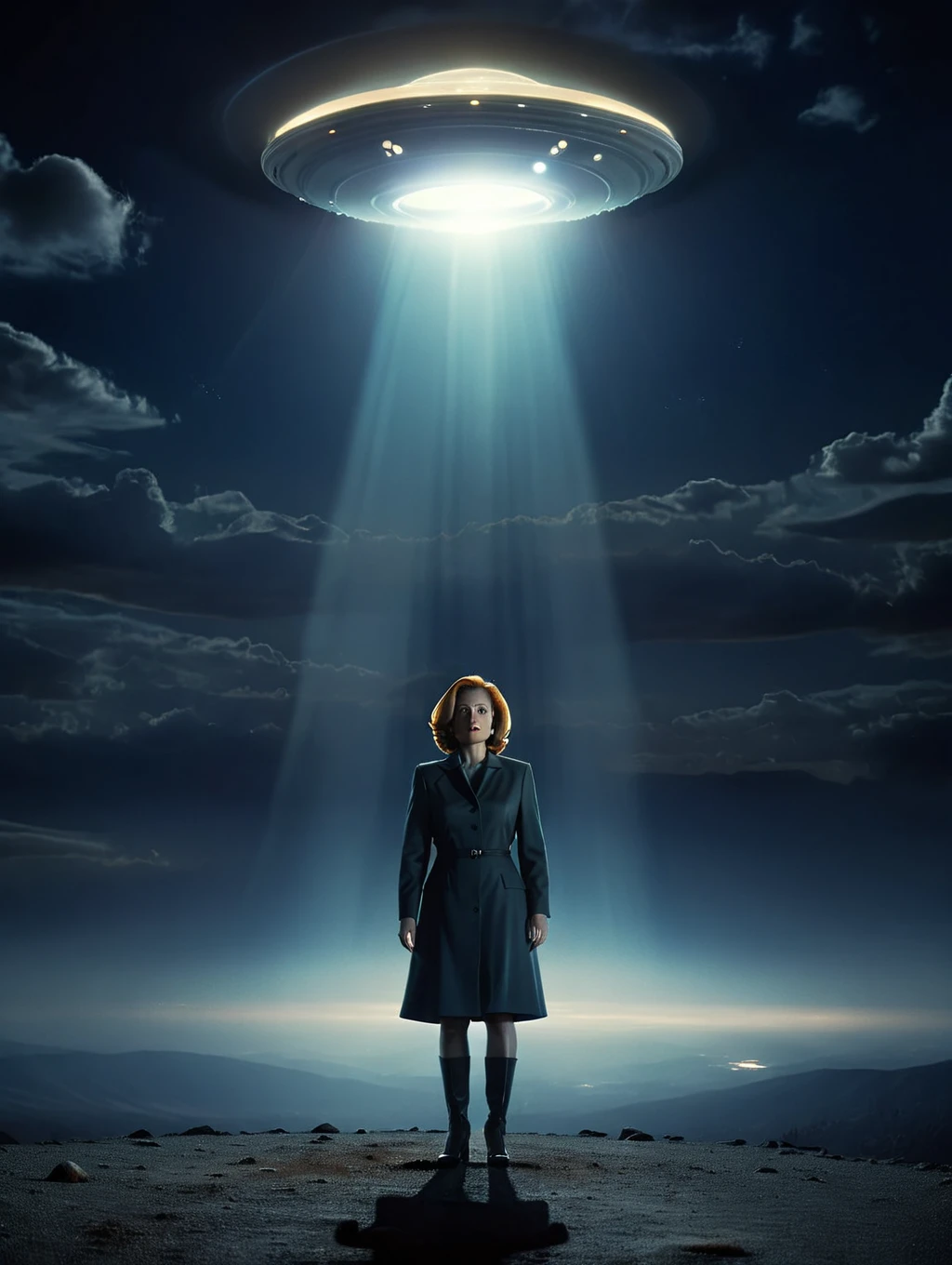 Dana Scully, standing in a strong and blinding light from a flying saucer from a distance, night, dark sky, dramatic light, 
