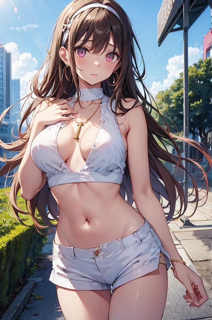 girl kawaii, a extremely delicate and beautiful girl, beautifully painted, super fine illustrations, from below, stomach, hand up, tattoo, Perfect body, woman, young, lowing long hair, light brown hair, streaked hair, beatiful detailed hair, Beautiful face, complex details beautiful and delicate eyes, Slightly open mouth, Delicate arms and hands, large breasts, Bare navel, thighs, pink eyes, white skin, chain storm, hairband, earrings, cross necklace, golden bracelet, ice cream, sleeveless shirt, short shorts, overexplosure, crop top, white Clothes, (outdoors), (skyscraper), (blue sky), reflection light, very detailed light, best quality, wallpaper 8k CG, masterpiece,