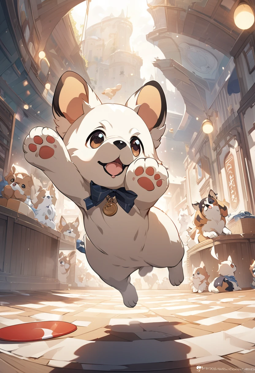 (Puppy jumping to catch a frisbee:1.2)、1 puppy、Papillon puppy、Dynamic composition、4k anime art、(Highest quality、High resolution、masterpiece)、