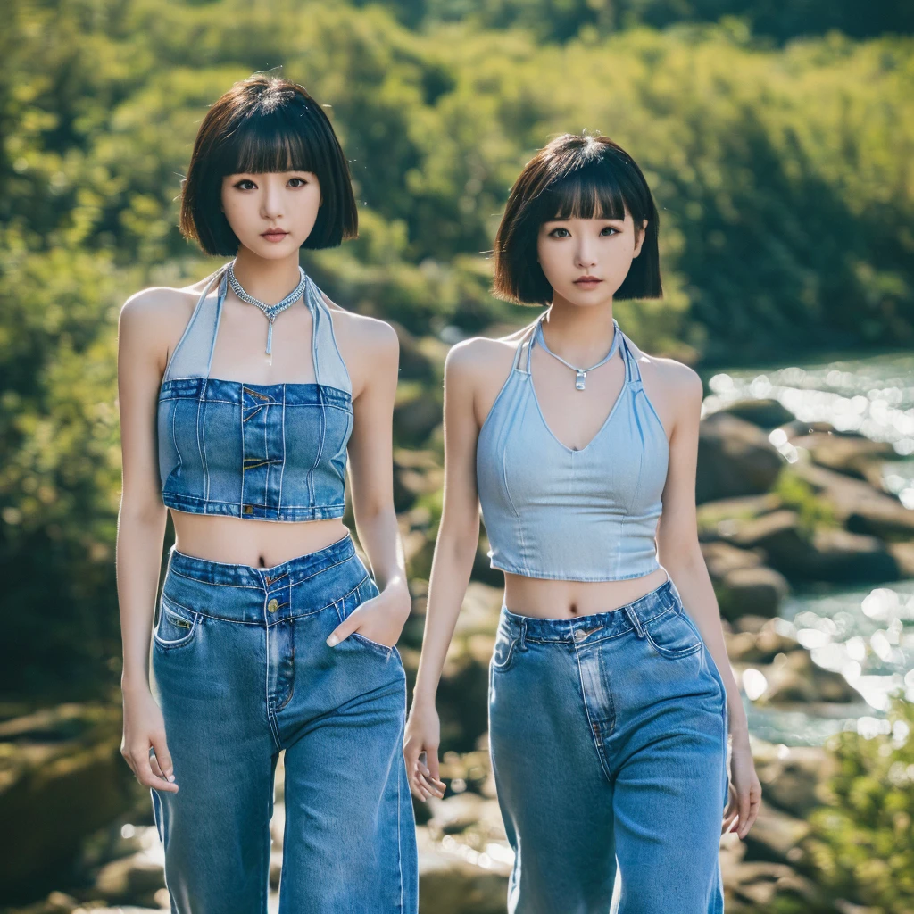 (Best Quality:1.1)..((Ultra-high resolution:1.1)).((Photorealistic photography:1.4)、(Raw photo),(8k)、(High definition RAW color photos professional photography)、(whole body)、(Portrait)、(Photos that look like they belong in a photo book)、(((Bob Cut、halter top、Denim pants、Cinematic Light、Full Body Shot、Medium Hair、Sunlight、looking down、river)))
