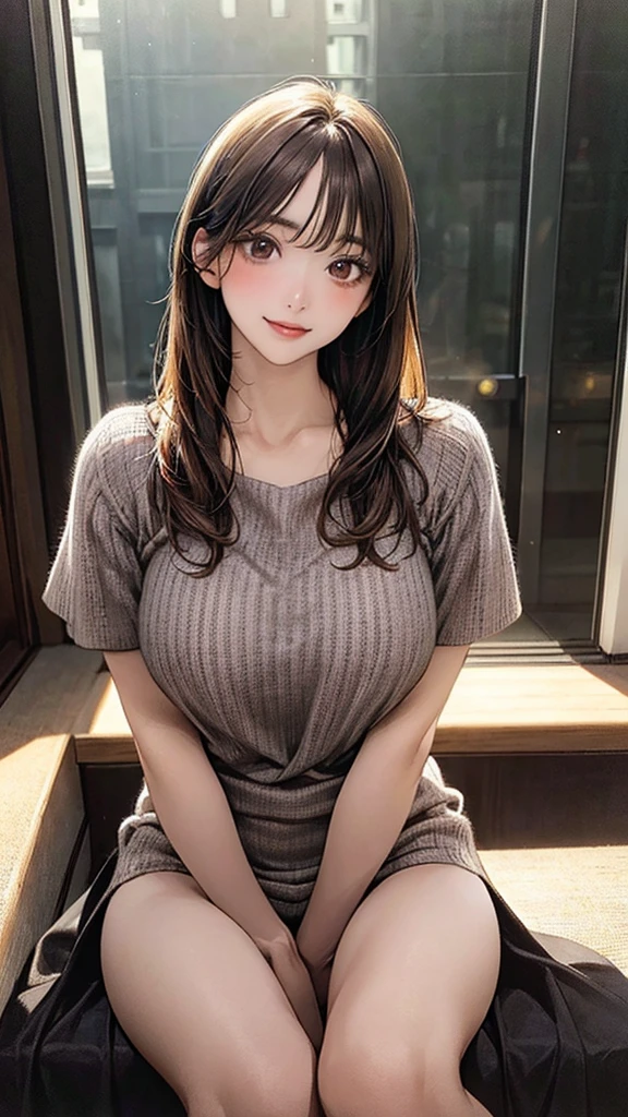 (masterpiece:1.2, Highest quality), (Realistic, photoRealistic:1.4), Beautiful illustrations, (Natural Side Lighting, Cinema Lighting), Browsing Caution,
View your viewers, Cowboy Shot, View from below:0.6, 1 girl, Japanese, high school girl, Perfect Face, cute and symmetrical face, Glowing Skin,
(Mid-length hair:0.7, Straight Hair:1.2, Light brown hair), Pin your bangs back, Brown eyes, Long eyelashes, (Large Breasts:1.2, Captivating thighs),
Beautiful Hair, Beautiful Face, Beautiful attention to detail, Beautiful clavicle, Beautiful body, Beautiful breasts, Beautiful thighs, Beautiful feet, Beautiful fingers,
((Detailed cloth texture, short sleeves cute low umber color plain pattern blouse, Grey knit)),
(Beautiful views), morning, garden, Spread your legs, (cute, Cute smile, Upward glance), (Pornographic images:1.2)