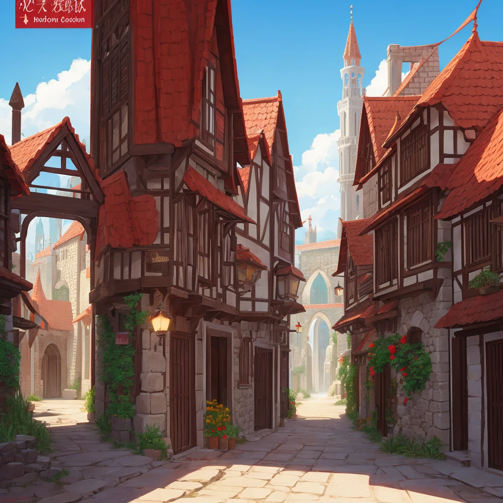 medieval fantasy capital's town entrance at outskirts, red, white and black enigmática, secured with Royal guards, anime Style ilustración, Creative and original , high quality, realistic ,