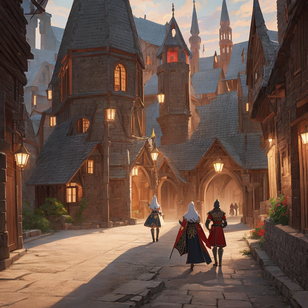 medieval fantasy capital's town entrance at outskirts, red, white and black enigmática, secured with Royal guards, anime Style ilustración, Creative and original , high quality, realistic ,