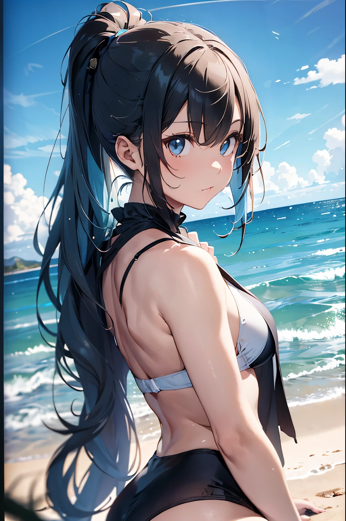 High resolution,topless、
One beautiful young woman,Light blue hair、ponytail、
(Soft Saturation:1.3), (Fair skin:1.2),
(ultra-Detailed Background, Detailed Background), Bokeh,
break&#39;Portrait of a smiling girl.,
When viewed from the front, The composition is symmetrical,
Looking straight at you with serious eyes,
break Swimwear, White Bikini, Center of chest, 
Outdoor, Sea surface, null, sunlight,Summer beach, Sandy Beach,
Strong light, Front lighting, 
(Teen:1.3), (Cowboy Shot:1.2),
Front brake angle,
View your audience,
Dynamic pose,
sitting on the beach

Seaweed、Seaweed、Seaweed、Seaweed、Seaweed、Seaweed、Seaweed、